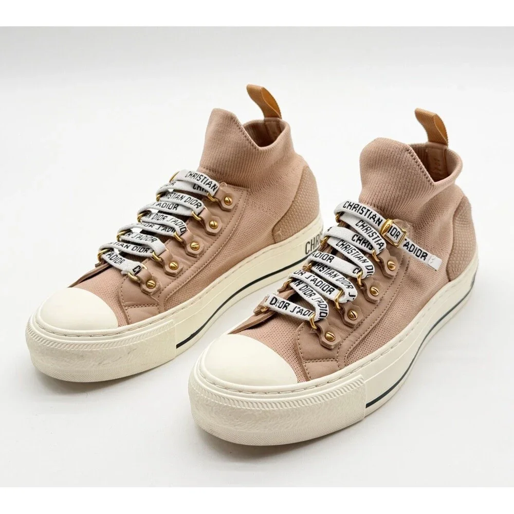 Dior Walk'n'Dior Logo Pull On Hight Top Sneakers Beige Knit EU 36.5 US 6.5